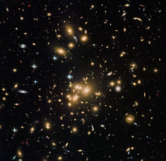 This new Hubble image shows galaxy cluster Abell 1689. It combines both visible and infrared data from Hubble’s Advanced Camera for Surveys (ACS) with a combined exposure time of over 34 hours to reveal this patch of sky in greater and more str