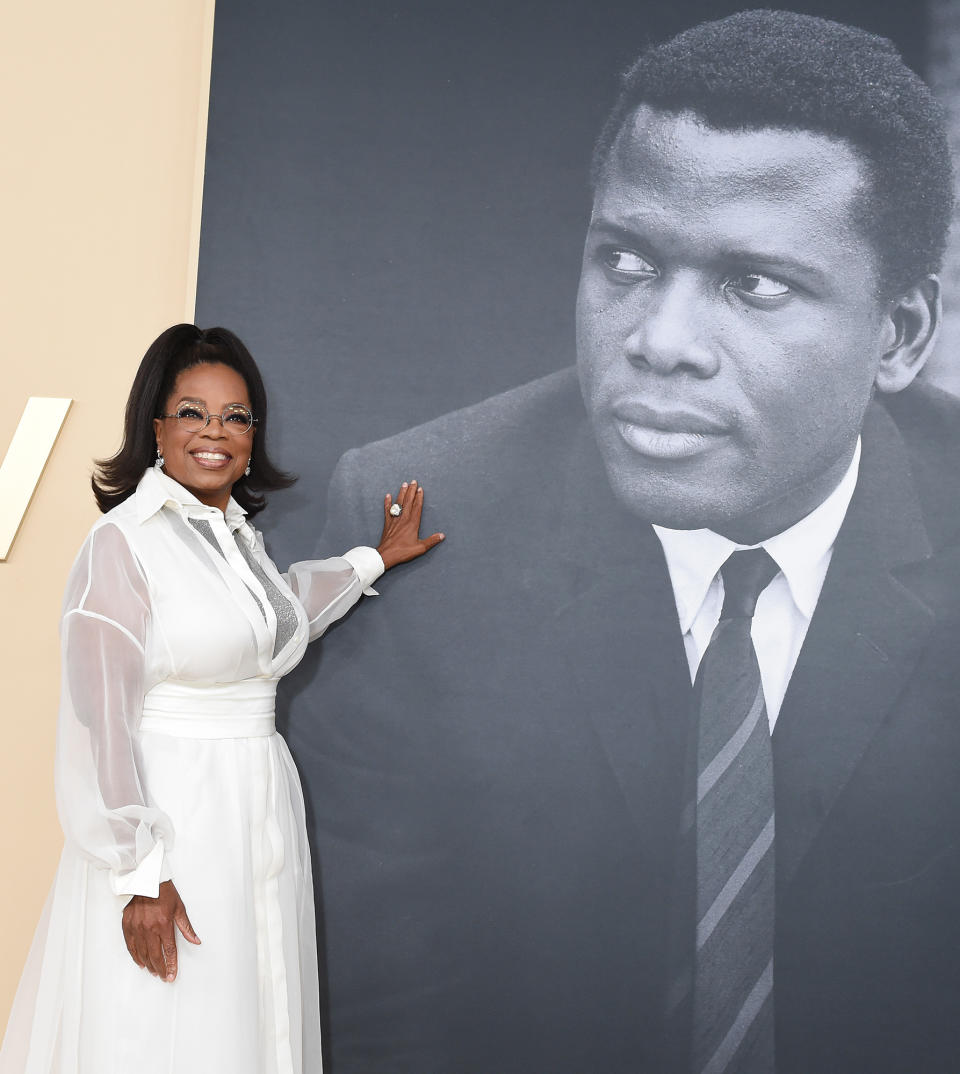 <p>Oprah Winfrey comes out to celebrate the late Sidney Poitier at the premiere of <em>Sidney </em>at the Academy Museum of Motion Pictures in Los Angeles on Sept. 21. </p>