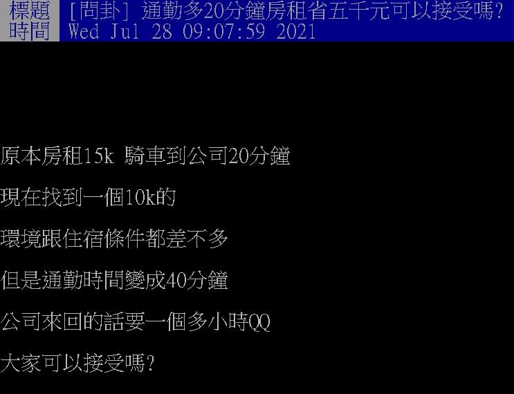 他憂「通勤少20分vs房租省五千」選那個？網揭1重點：用薪水衡量