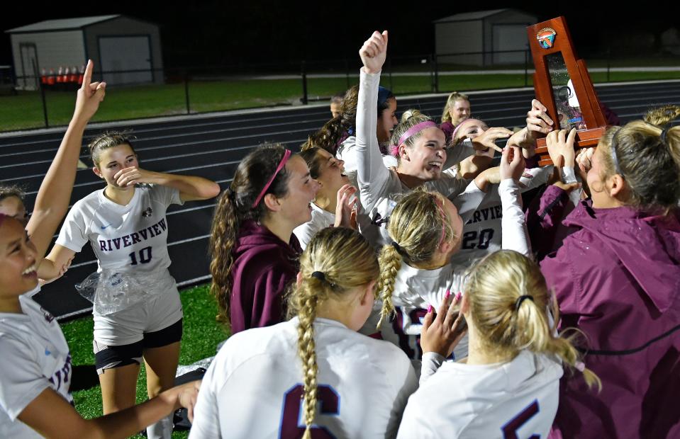 The Riverview Rams celebrated their 2-1 come-from-behind victory over the North Port Bobcats in the Class 7A-District 8 final Wednesday night at The Preserve in North Port.