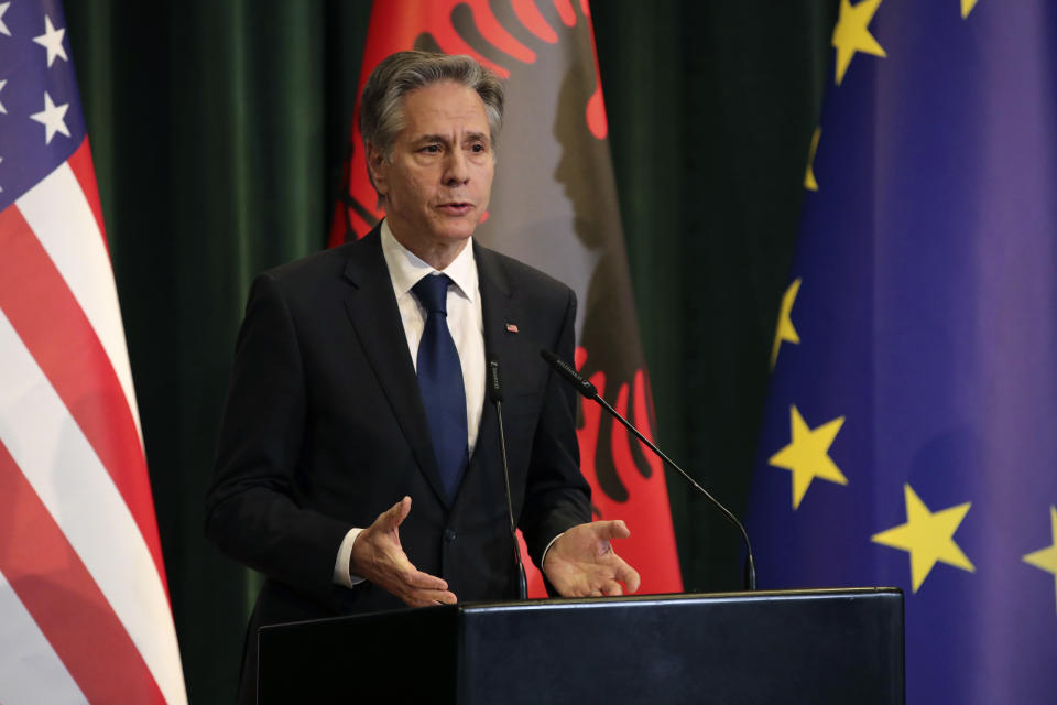 U.S. Secretary of State Antony Blinken speaks during a joint press conference with Albania's Prime Minister Edi Rama, not pictured, in Tirana, Albania, Thursday, Feb. 15, 2024. Blinken visits Albania to reaffirm Washington's relations with a key partner in the Western Balkan region and an ally in supporting Ukraine's sovereignty and territorial integrity. (AP Photo/Armando Babani, Pool)