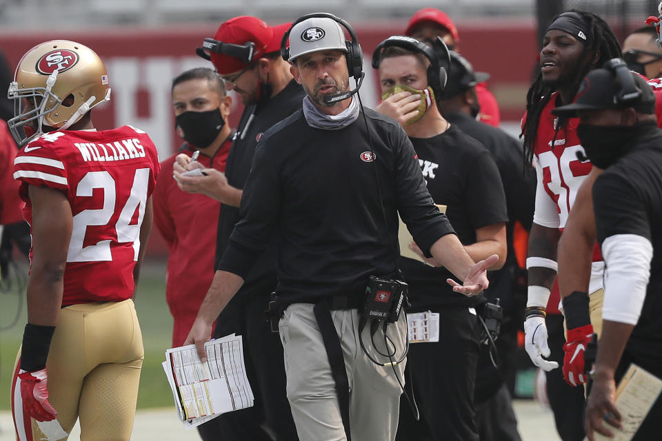 San Francisco 49ers head coach Kyle Shanahan walks on the sideline during the second half of an NFL football game against the Arizona Cardinals in Santa Clara, Calif., Sunday, Sept. 13, 2020. (AP Photo/Josie Lepe)