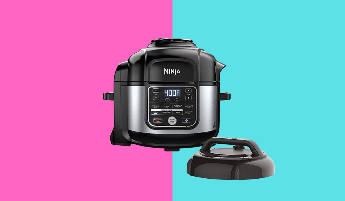 an air fryer multicooker on a colored background