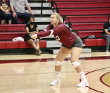 In this image provided by Antelope Valley College, Antelope Valley College's Cameron Nelsen returns a ball during a volleyball match against Cerro Coso at the Antelope Valley College gym in Antelope Valley, Calif., Aug. 30, 2023. Nelsen, along with basketball player Myron Amey Jr. who is transferring to Loyola Marymount from San Jose State, are winners of the final CalHOPE Courage Award for this school year. (Byron Devers/AVC Sports Information via AP)