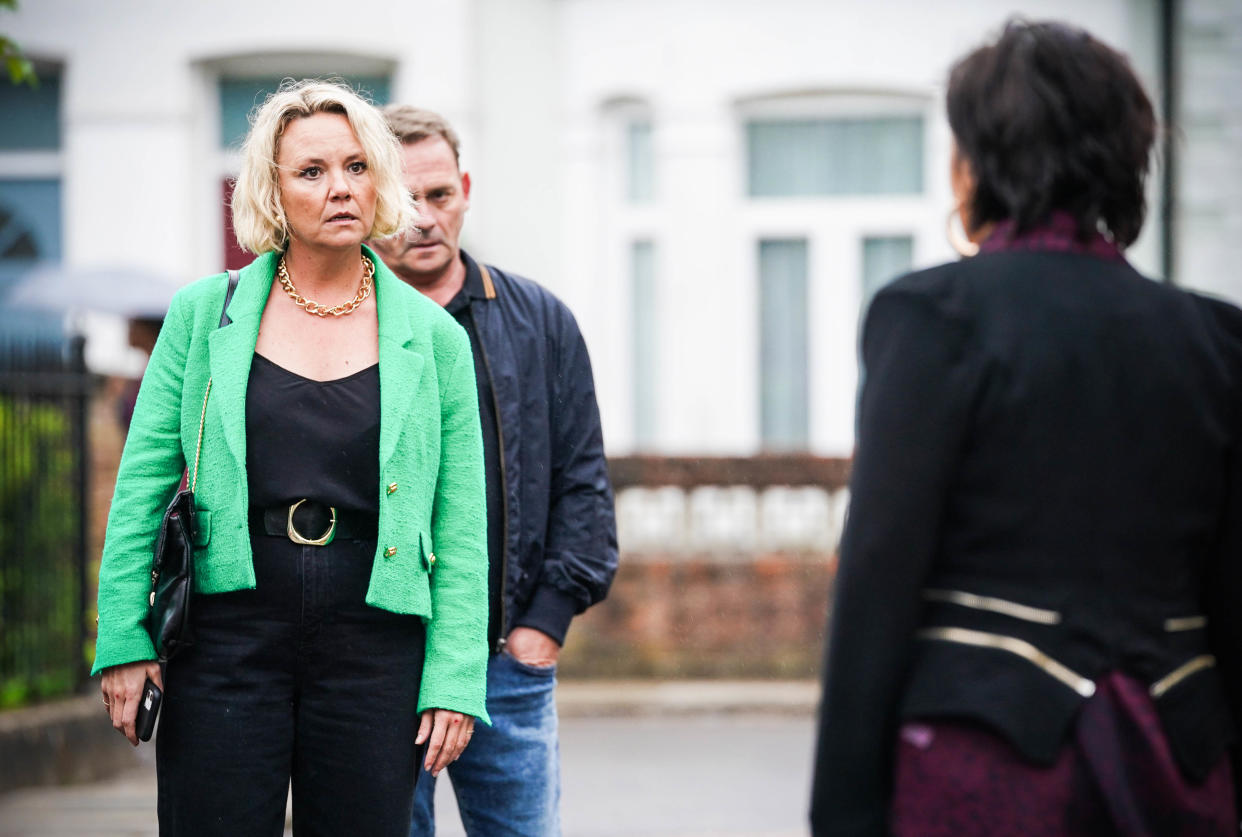 WARNING: Embargoed for publication until 00:00:01 on 31/08/2021 - Programme Name: EastEnders - July-September 2021 - TX: 10/09/2021 - Episode: EastEnders - July-September 2021 - 6340 (No. 6340) - Picture Shows: ***EMBARGOED TILL TUESDAY 31ST AUGUST 2021*** Janine Butcher (CHARLIE BROOKS), Billy Mitchell (PERRY FENWICK), Kat Moon (JESSIE WALLACE) - (C) BBC - Photographer: Kieron McCarron/Jack Barnes