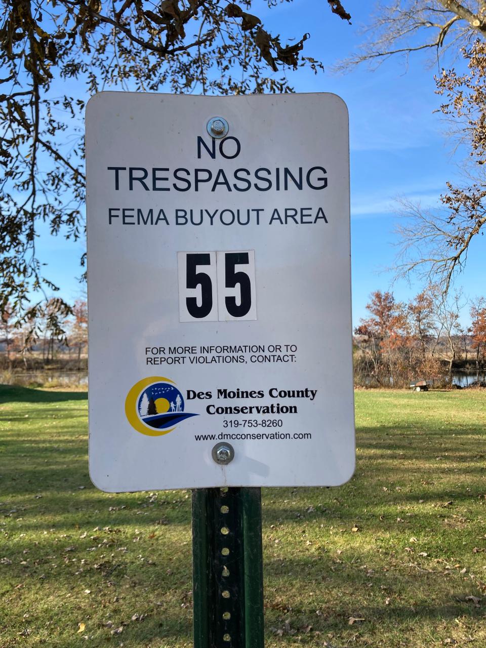 A sign marks one of Des Moines County's FEMA buyout properties that has been maintained by a neighboring property owner Wednesday, Oct. 26, 2022, off of Edgewater Beach Road. Under a proposed program, Des Moines County Conservation would lease out this lot and lots like it for between one and three years.