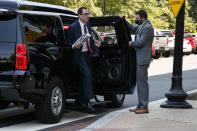 Treasury Secretary Steven Mnuchin arrives for continued negotiations ahead of a meeting, Wednesday, Aug. 5, 2020, on Capitol Hill in Washington. (AP Photo/Jacquelyn Martin)