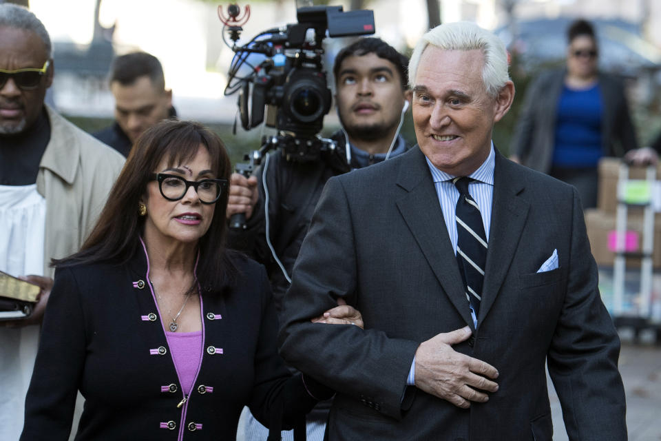 Roger Stone and his wife Nydia arrive at Federal Court for the second day of jury selection for his federal trial, in Washington, Wednesday, Nov. 6, 2019. Stone, a longtime Republican provocateur and former confidant of President Donald Trump, goes on trial over charges related to his alleged efforts to exploit the Russian-hacked Hillary Clinton emails for political gain. (AP Photo/Cliff Owen)