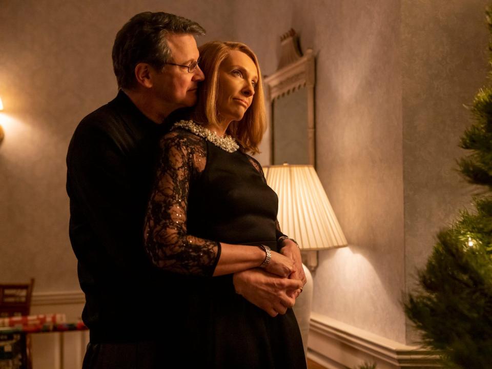 Colin Firth embraces Toni Collette in a scene from HBO's "The Staircase."