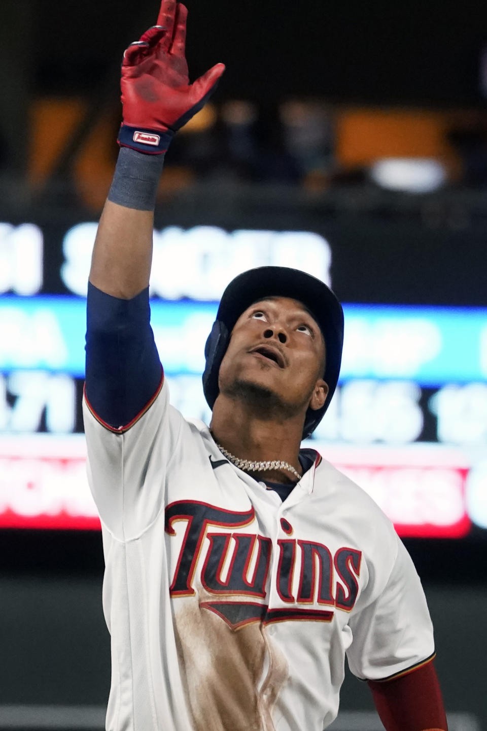 Minnesota Twins' Jorge Polanco rounds third base on his second home run of the baseball game off Kansas City Royals pitcher Brady Singer in the fifth inning, Saturday, Sept. 11, 2021, in Minneapolis. Polanco also homered off Singer in the first inning. (AP Photo/Jim Mone)