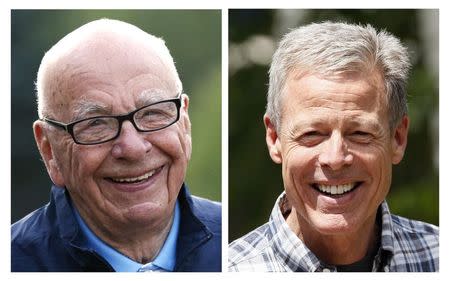 Rupert Murdoch, CEO of 21st Century Fox, and Time Warner CEO Jeffrey Bewkes arrive at the Allen and Co. media conference in Sun Valley, Idaho in a combination of July 11 and July 9, 2014 file photos. REUTERS/Rick Wilking/files