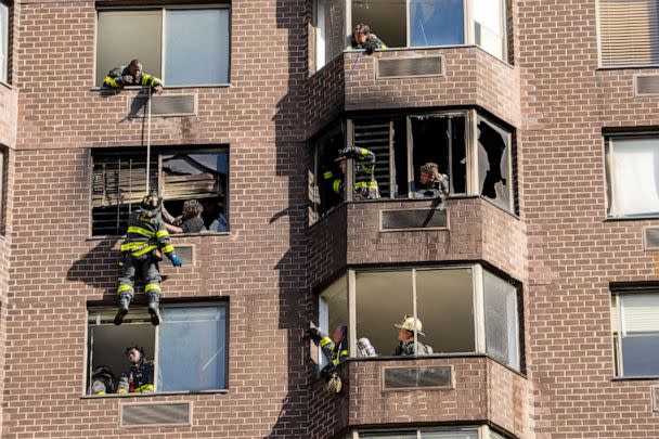 PHOTO: In this Nov. 5, 2022, file photo, firefighters perform a rope rescue after a fire broke out inside a high-rise building on East 52nd Street in New York. (New York Daily News/TNS via Getty Images, FILE)