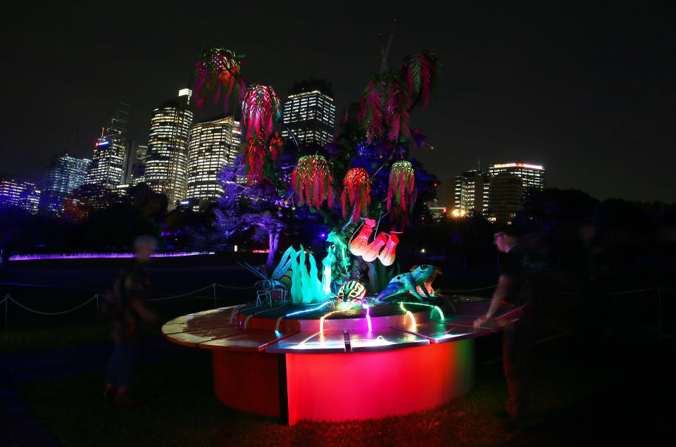 People interact with the installation 'Jungle Boogie' during the media preview of Vivid Sydney 2019 at The Royal Botanic Gardens on May 20, 2019 in Sydney, Australia