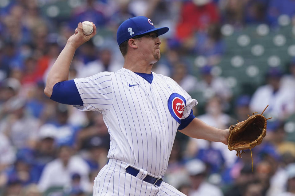 Chicago Cubs starting pitcher Alec Mills throws against the Miami Marlins during the first inning of a baseball game in Chicago, Sunday, June 20, 2021. (AP Photo/Nam Y. Huh)