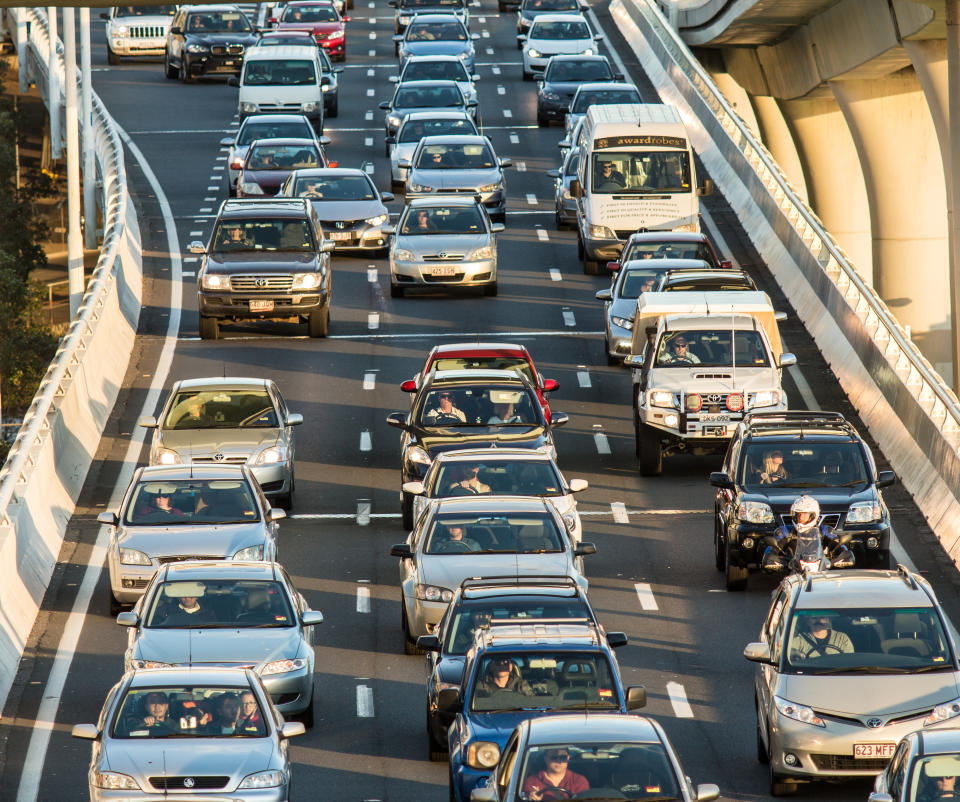 Traffic congestion with various vehicles on a multilane road