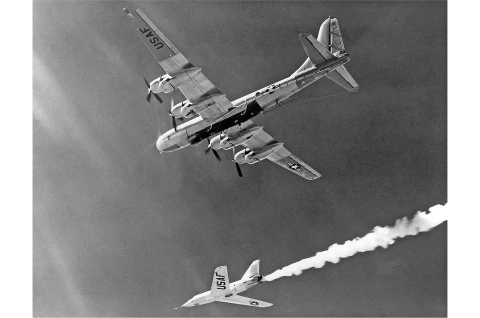 <p>To withstand the high skin temperatures the X-2 used stainless steel and K-monel (a copper-nickel alloy) in its construction. The X-2s were powered by a two-chamber Curtiss-Wright XLR25 throttleable liquid-fueled rocket engine. Once the rocket had used its fuel out the X-2 made an unpowered glide back to land.</p><p>Capt. Milburn G. “Mel” Apt became the first person fly faster than three times the speed of sound on Sept. 27 1956. He reached 2094 mph (Mach 3.196) in the Bell X-2, but tragedy soon followed. Apt performed a sharp turn, causing the aircraft to tumble uncontrollably. Though Apt escaped from the aircraft, he was killed as he hit the ground in the escape capsule.</p>