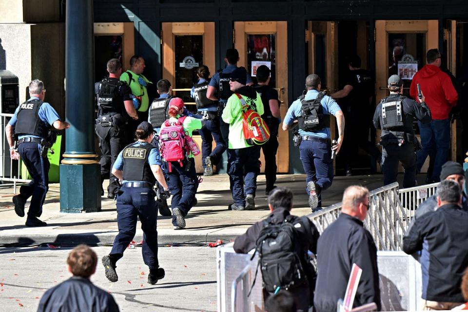 Police respond after shots were fired after the celebration of the Kansas City Chiefs winning Super Bowl LVII (David Rainey/USA Today Sports via Reuters)