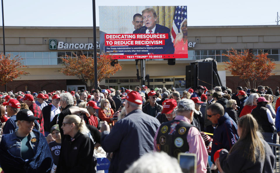 A President Donald Trump message is displayed to supporters, over an electronic display board across from the entrance of the BancorpSouth Arena in Tupelo, Miss., Friday, Nov. 1, 2019, before a Keep America Great Rally. (AP Photo/Rogelio V. Solis)