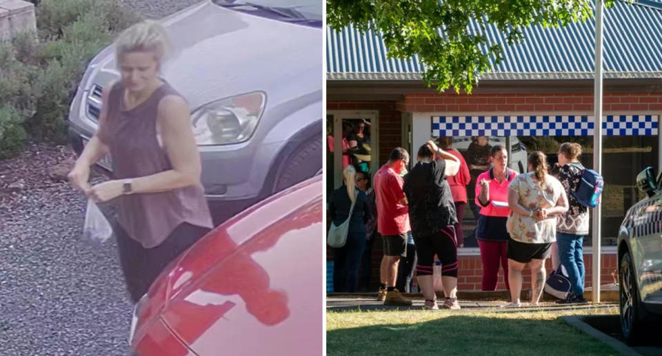 Left: CCTV showing Samantha Murphy at her home. Right: Volunteers gather near police, discussing their own plans to look for Samantha Murphy. 