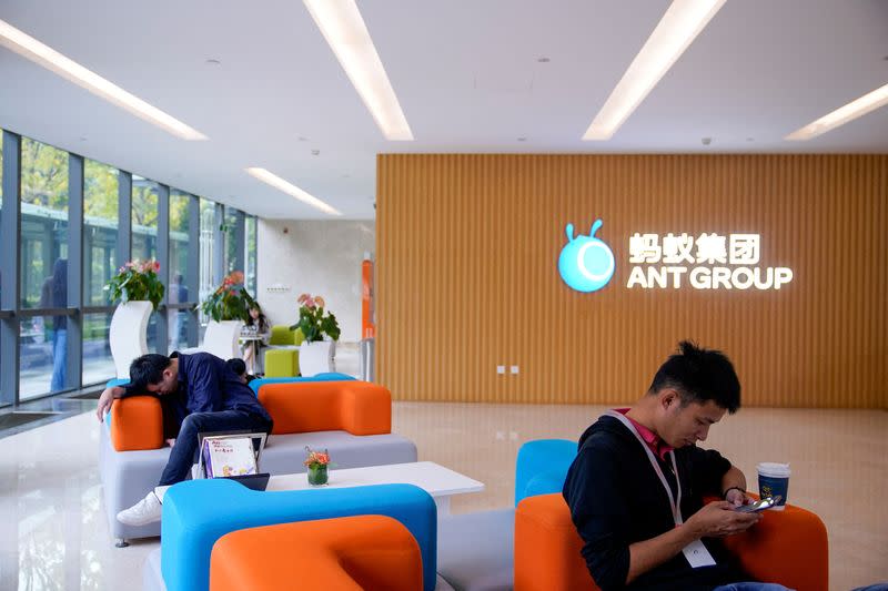 FILE PHOTO: A logo of Ant Group is pictured at the headquarters of Ant Group, an affiliate of Alibaba, in Hangzhou