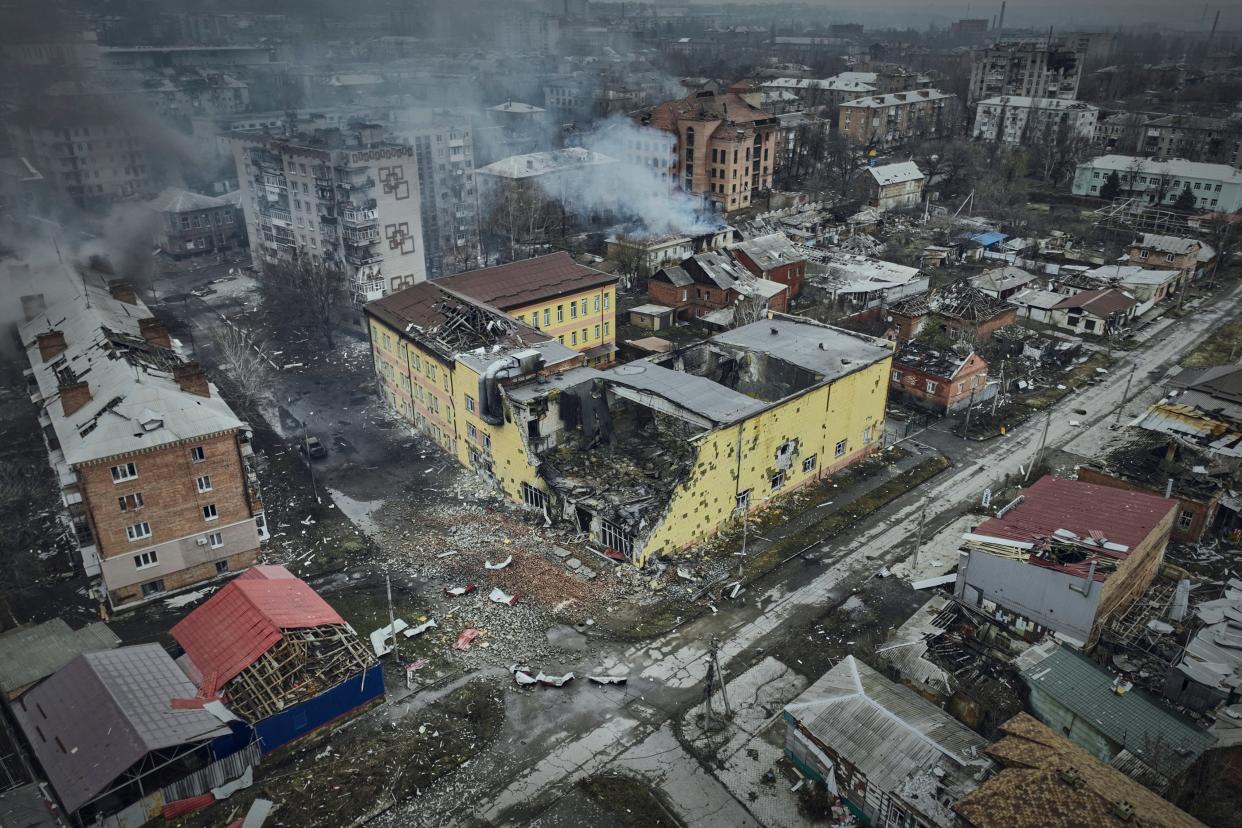 An aerial view of Bakhmut, the site of heavy battles with Russian troops in the Donetsk region, Ukraine (Copyright 2023 The Associated Press. All rights reserved.)