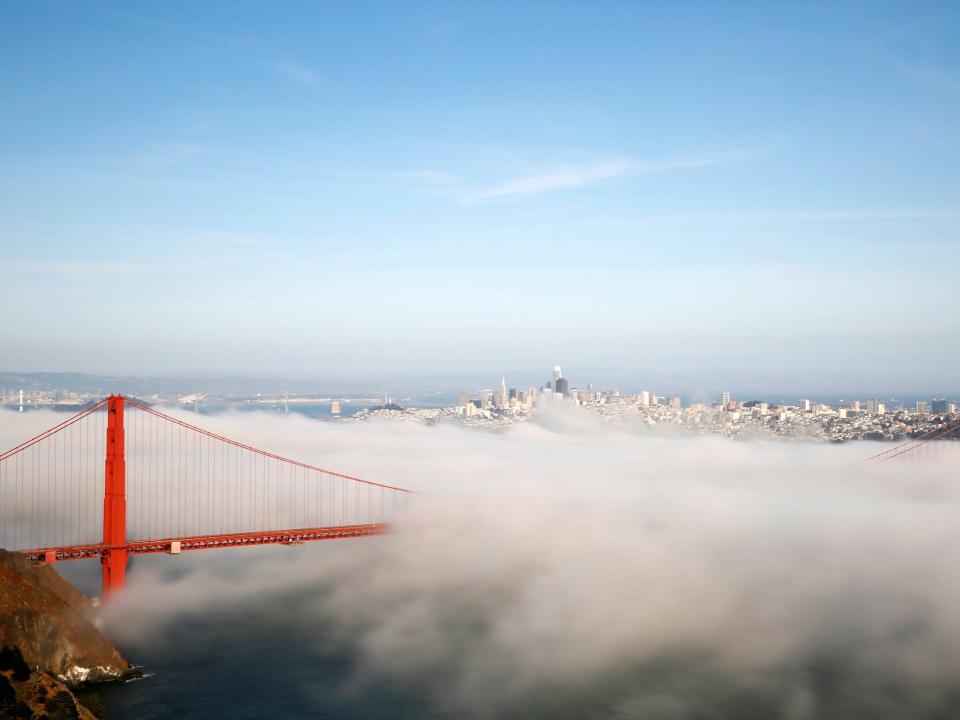 Heavy fog blankets the Golden Gate Bridge in San Francisco.