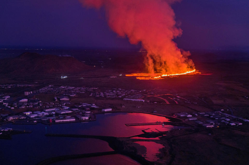 Lava flows from a volcano in Grindavik, Iceland, January 14, 2024.  / Credit: Icelandic Coast Guard/Handout via Reuters