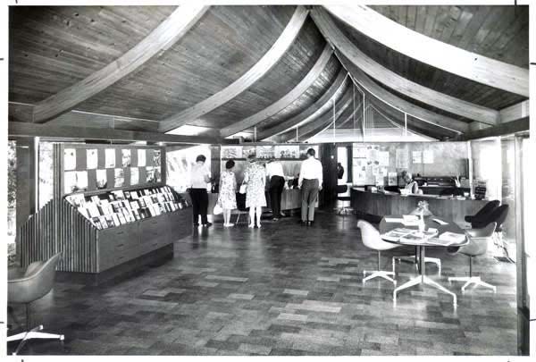 An interior view of the Blue Pagoda, designed by Victor Lundy. It opened in 1956 as the home for the Sarasota Chamber of Commerce near the Sarasota Municipal Auditorium.