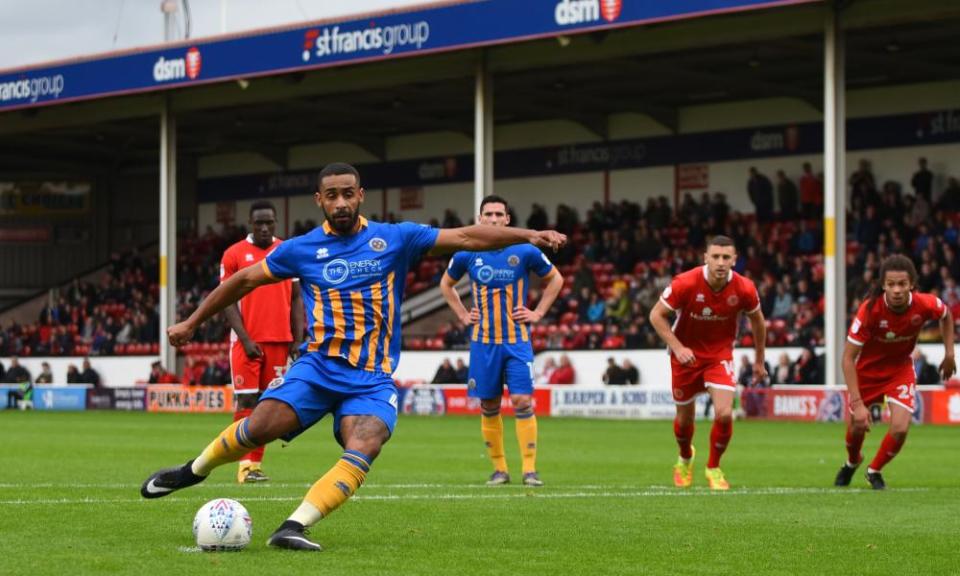 Shrewsbury’s Stefan Payne scores a penalty to equalise against Walsall.