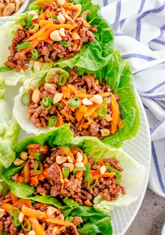 <p>Everyone loves a classic Ground Beef Taco, but when you're craving something a little lighter, these Ground Beef Lettuce Wraps are the way to go. They're a fantastic gluten free and dairy free alternative to traditional tacos, without sacrificing any flavor!</p><p><strong>Get the recipe:</strong><a href="https://groundbeefrecipes.com/ground-beef-lettuce-wraps/" rel="nofollow noopener" target="_blank" data-ylk="slk:Ground Beef Lettuce Wraps;elm:context_link;itc:0;sec:content-canvas" class="link ">Ground Beef Lettuce Wraps</a></p>