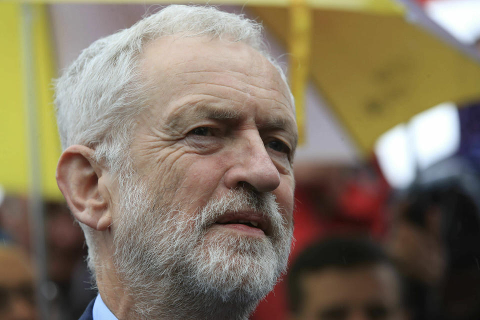 Labour Party leader Jeremy Corbyn speaks to the media Friday May 3, 2019 as he celebrates the election result for Trafford Council with Labour Party activists at the Waterside Arts Centre, Manchester, England, following the voting in Thursday's English council elections. (Peter Byrne/PA via AP)