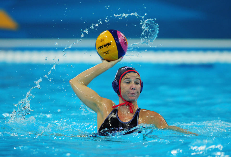 LONDON, ENGLAND - JULY 30: Kelly Rulon of the United States looks for a pass during the Women's Water Polo Preliminary match between Hungary and the United States on Day 3 of the London 2012 Olympic Games at Water Polo Arena on July 30, 2012 in London, England. (Photo by Stu Forster/Getty Images)