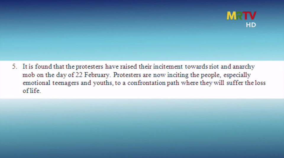 In this image taken from MRTV video, part of a public announcement from the State Administration Council warning against the general strike planned Feb. 22 appears on screen in English text during the MRTV evening news bulletin that aired late Sunday, Feb. 21, 2021 in Myanmar. A call for a Monday general strike by demonstrators in Myanmar protesting the military’s Feb. 1 seizure of power has been met by the ruling junta with a thinly veiled threat to use lethal force, raising the possibility of major clashes. (MRTV video via AP)