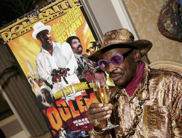 LAS VEGAS – JULY 27: Actor Rudy Ray Moore, creator and star of the classic “Dolemite” films, poses at the Video Software Dealers Association’s annual home video convention at the Bellagio July 27, 2005 in Las Vegas, Nevada. Moore was on hand to help celebrate the 30th anniversary of the making of “Dolemite.” (Photo by Ethan Miller/Getty Images)