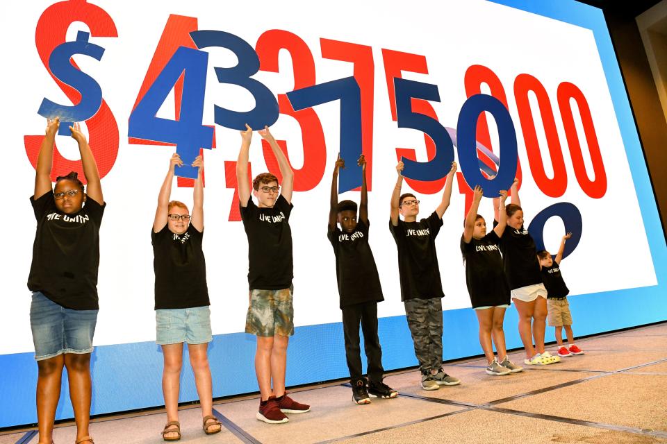 Children hold up numbers on stage on Aug. 9, 2022, as the United Way of West Alabama's campaign 2022 goal of $4,375,000 was announced.