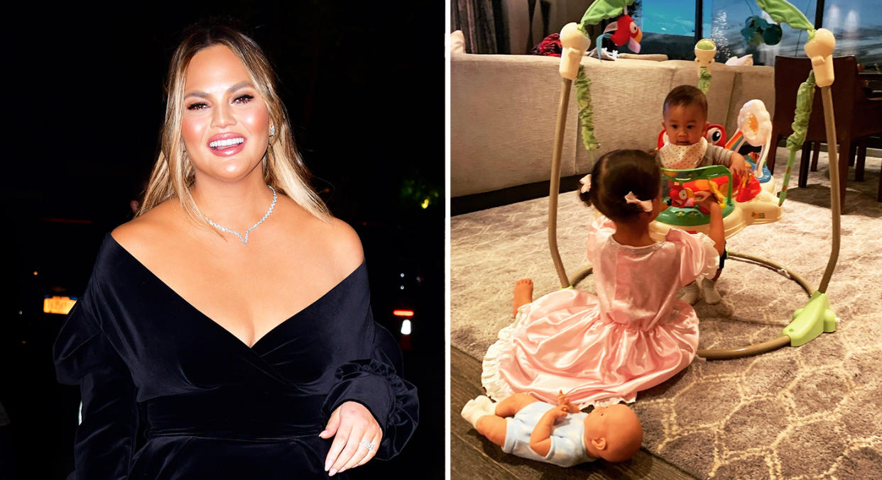 Chrissy Teigen posted a picture of baby Milo in a baby bouncer. [Photo: Getty/Instagram]