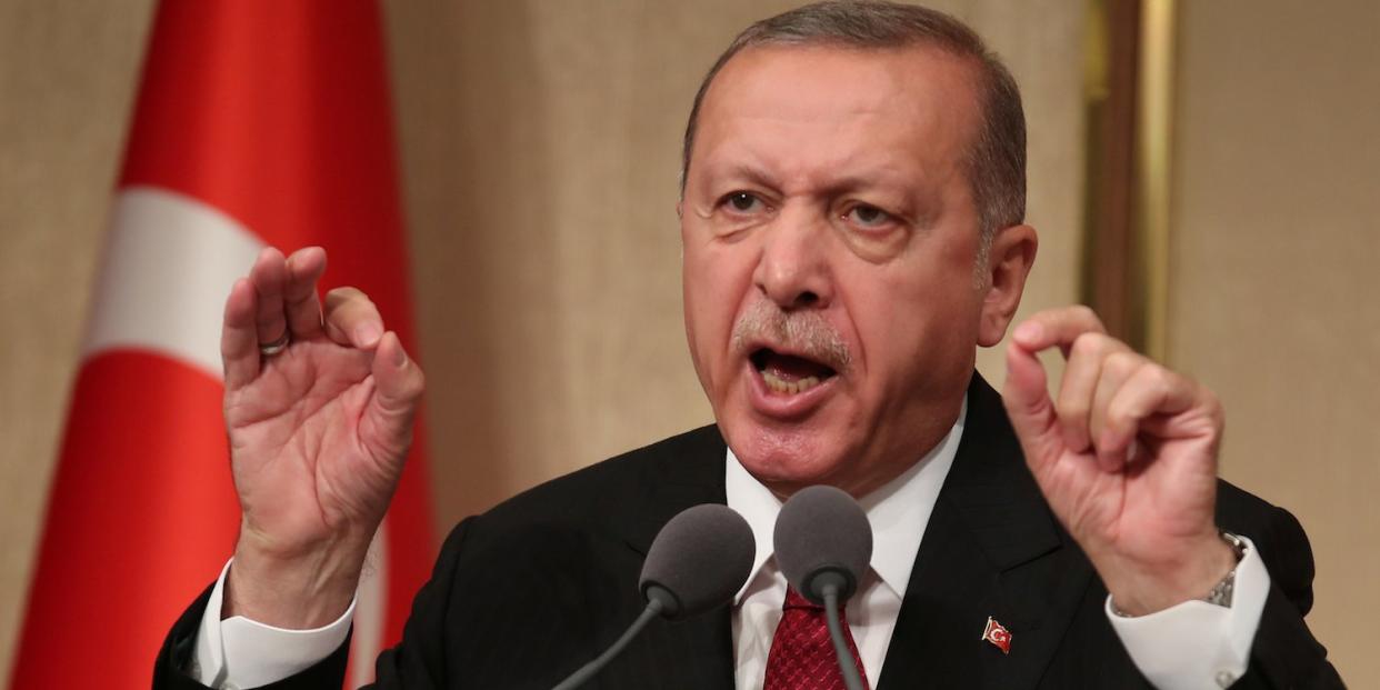 Turkish President Tayyip Erdogan makes a speech during a ceremony marking the second anniversary of the attempted coup at the Presidential Palace in Ankara, Turkey, July 15, 2018.