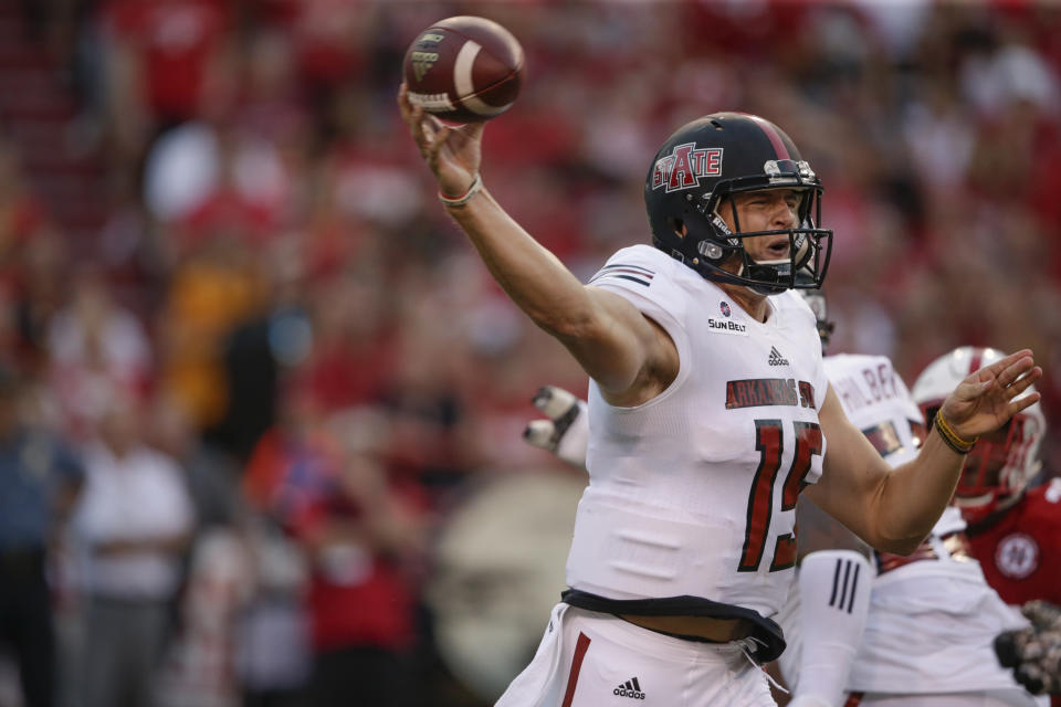 Arkansas State quarterback Justice Hansen threw for nearly 4,000 yards last year. (AP Photo/Nati Harnik)