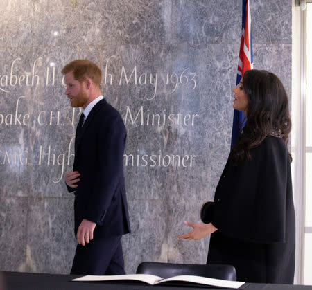 Britain's Prince Harry and Meghan, Duchess of Sussex visit the New Zealand High Commission to sign a book of condolence on behalf of the Royal Family, in London, Britain March 19, 2019. Ian Vogler/Pool via REUTERS