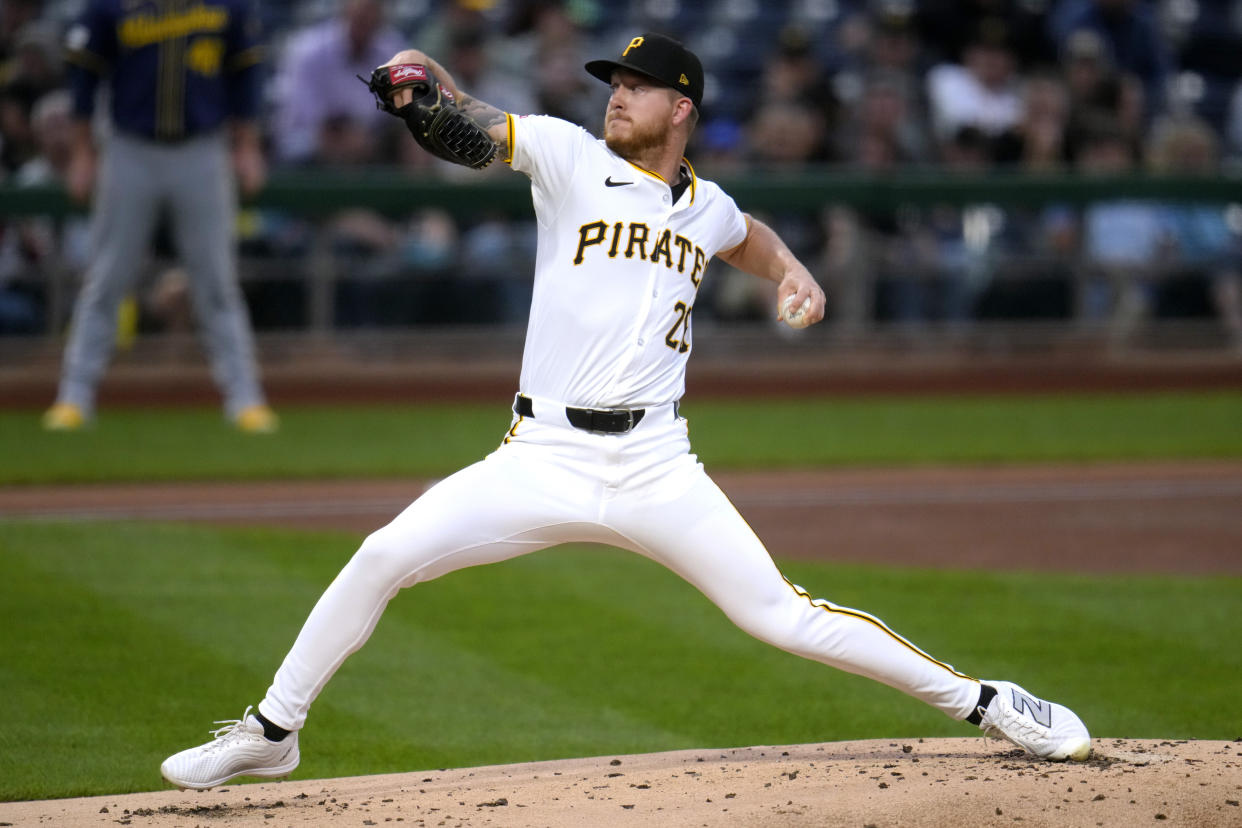 Pittsburgh Pirates starting pitcher Bailey Falter delivers during the second inning of a baseball game against the Milwaukee Brewers in Pittsburgh, Tuesday, Sept. 24, 2024. (AP Photo/Gene J. Puskar)