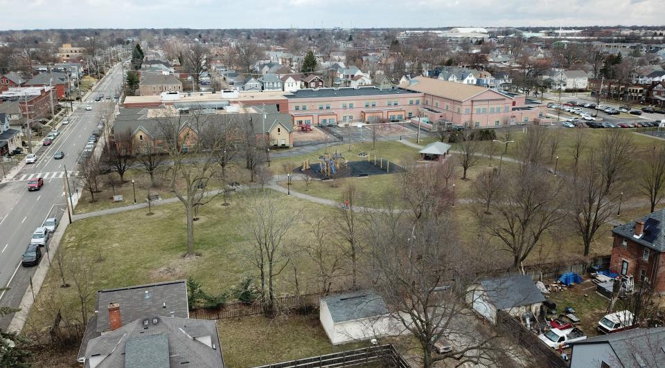 Weinland Park, shown in a 2019 aerial photo, is where an 8-year-old girl was critically wounded May 14 when she was shot in the abdomen when a fight broke out between two groups of women.