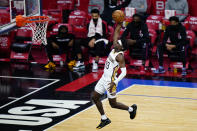 New Orleans Pelicans' Kira Lewis Jr. goes up for a dunk during the second half of an NBA basketball game against the Philadelphia 76ers, Friday, May 7, 2021, in Philadelphia. (AP Photo/Matt Slocum)