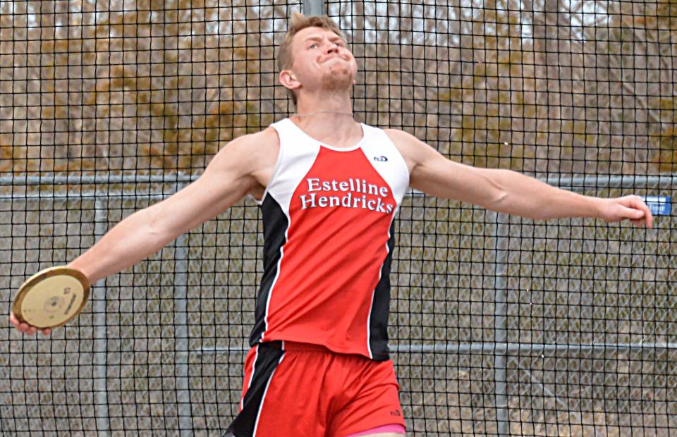 Jon Nefzger of Estelline-Hendricks throws the discus during the Pat Gilligan Alumni track and field meet on Tuesday, April 25, 2023 in Estelline.