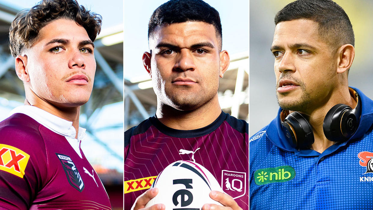 From right to left, QLD State of Origin players Reece Walsh and David Fifita, with Dane Gagai on far right.