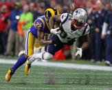 <p>Marcus Peters brings down the Patriots Cordarrelle Patterson after a second quarter gain. The New England Patriots met the Los Angeles Rams in Super Bowl LIII at Mercedes-Benz Stadium. (Jim Davis /Globe Staff) </p>