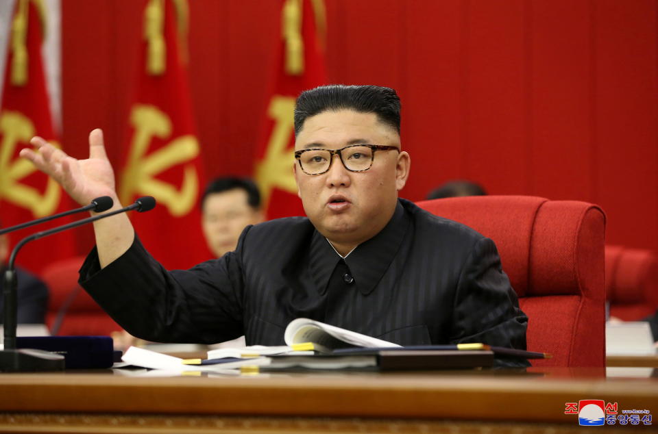 North Korean leader Kim Jong Un speaks during the opening of the 3rd Plenary Meeting of the 8th Central Committee of the Workers' Party of Korea (WPK), in Pyongyang, North Korea, in this undated photo released on June 16, 2021 by North Korea's Korean Central News Agency (KCNA). KCNA/via REUTERS  ATTENTION EDITORS - THIS IMAGE WAS PROVIDED BY A THIRD PARTY. REUTERS IS UNABLE TO INDEPENDENTLY VERIFY THIS IMAGE. NO THIRD PARTY SALES. SOUTH KOREA OUT.