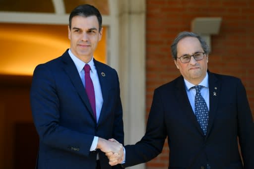 Spain's Prime Minister Pedro Sanchez (l) with Catalonia's regional president Quim Torra in Madrid last week, at the opening fo talks to defuse the regional crisis