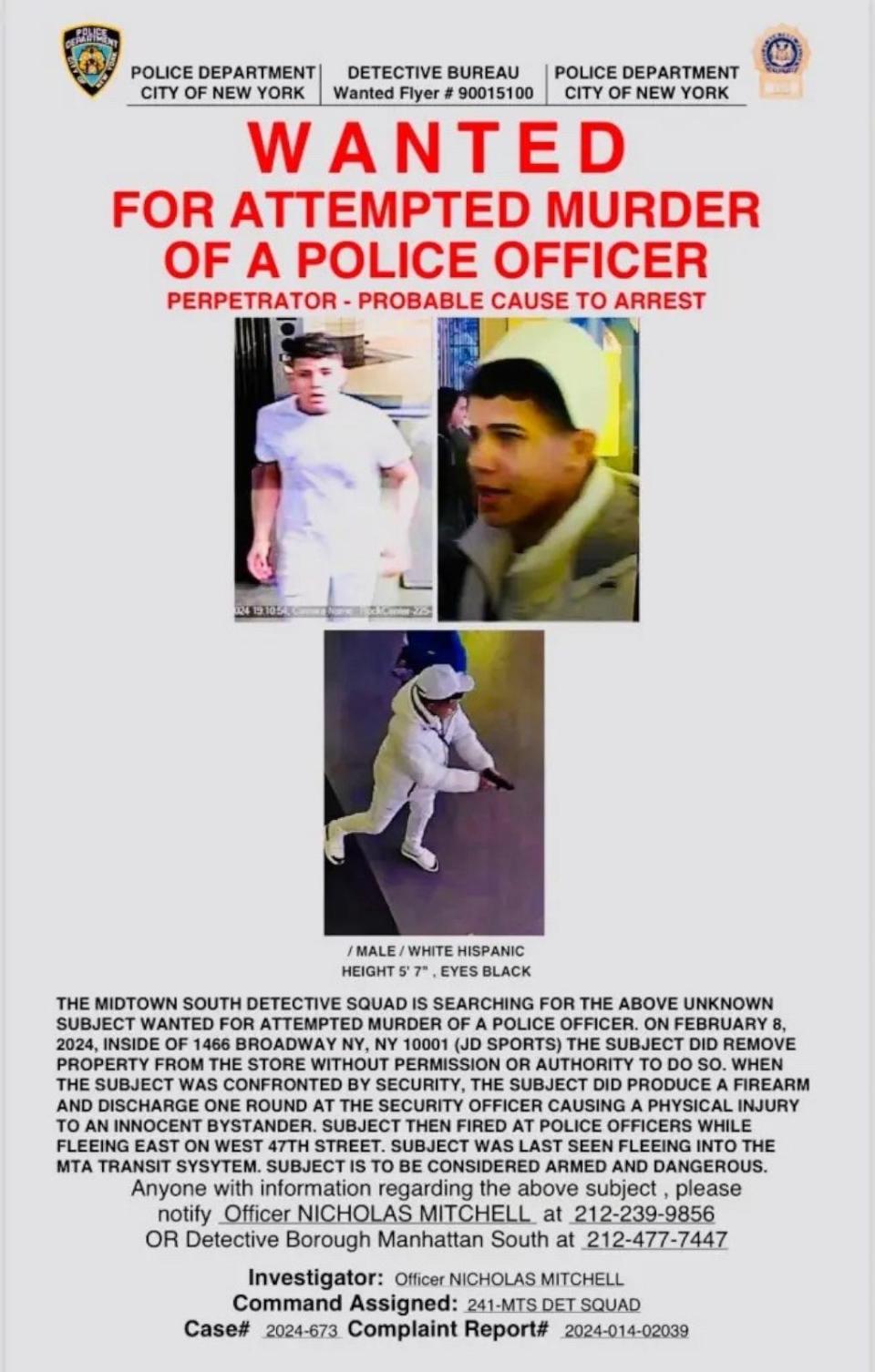 PHOTO: This is the individual who displayed a firearm and shot at security, striking an innocent bystander in New York Time's Square, Feb. 8, 2024. While fleeing, he also fired at an NYPD Police Officer. There is a reward of up to $10,000. (NY Police Department)