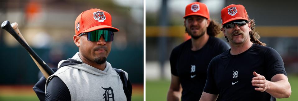 LEFT: Detroit Tigers infielder Andy Ibáñez walks toward the practice field during spring training at TigerTown in Lakeland, Fla., on Friday, Feb. 16, 2024. RIGHT: Detroit Tigers pitcher Andrew Chafin warms up during spring training on Tuesday, Feb. 13, 2024.