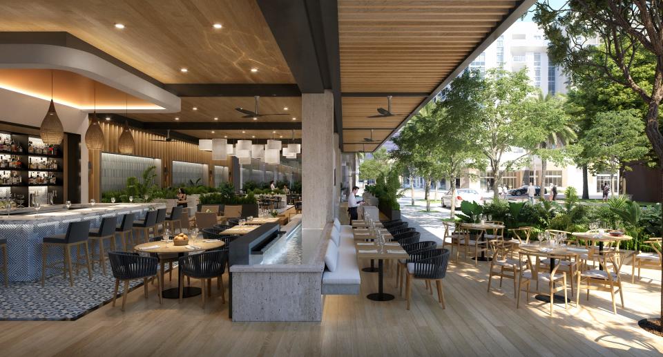 Rendering of ground floor space for Kyma, a New York-based Greek restaurant that is opening a location in the Banyan & Olive office development in West Palm Beach.